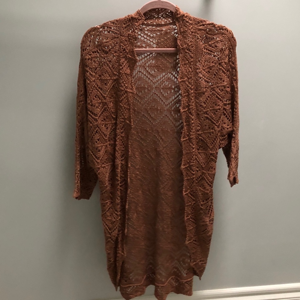Boho knit Crochet Shrug Cardi! Mocha Lt-Brown Open-Front Dress-Up or with jeans!